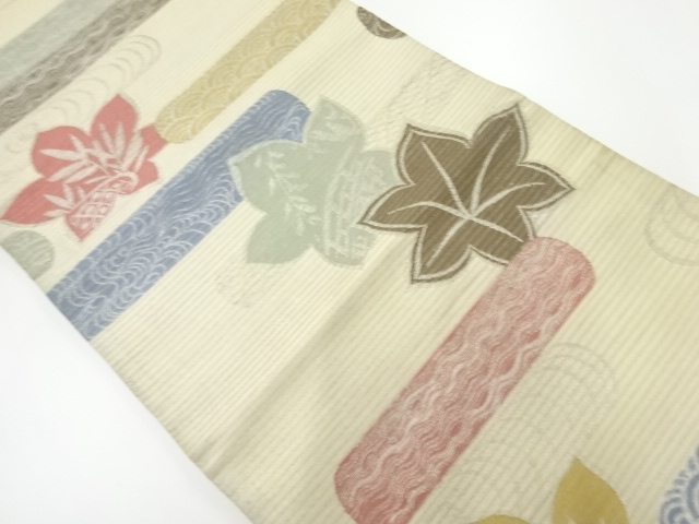JAPANESE KIMONO / ANTIQUE SUMMER MARU OBI / SILK / WOVEN MAPLE & SEIGAIHA